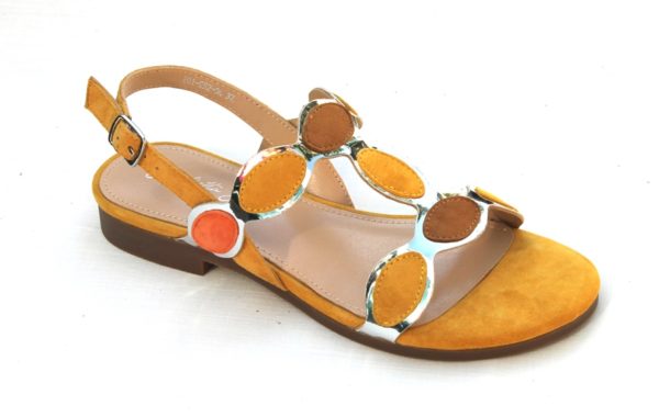 OVD002 Dames sandaaltje “Giulietta Jones” okergeel suède combinatie