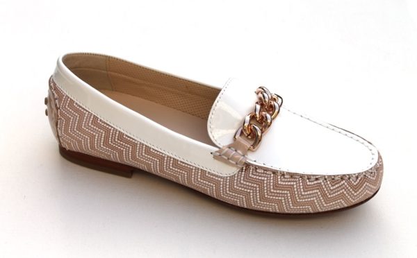 S092 Sioux mocassin “Libisia” oudroze/wit lakleer combinatie