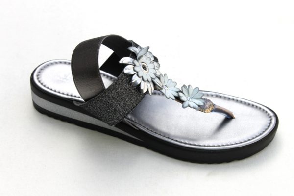 Dames teensandaal met bloemetjes antraciet/zilver metallic