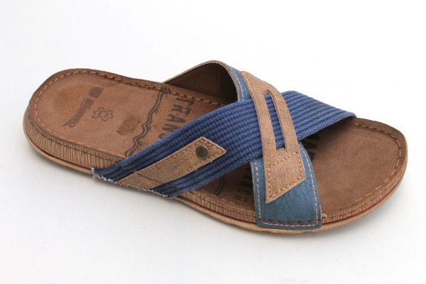 Heren kruisbandslipper blenzo jeansblauw/cognac combinatie