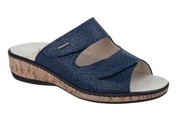 F134 Fidelio “Softline” verstelbare klittenband slipper met kurk in blauw fantasieprint