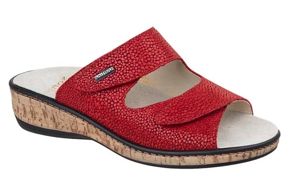 F131 Fidelio “Softline” verstelbare klittenband slipper met kurk rood fantasieprint