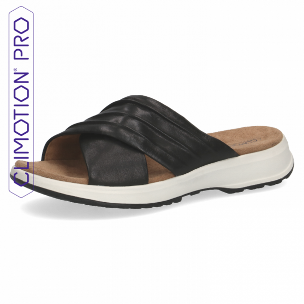 C024 Caprice “Climotion” voetbed kruisband slipper zwart leer