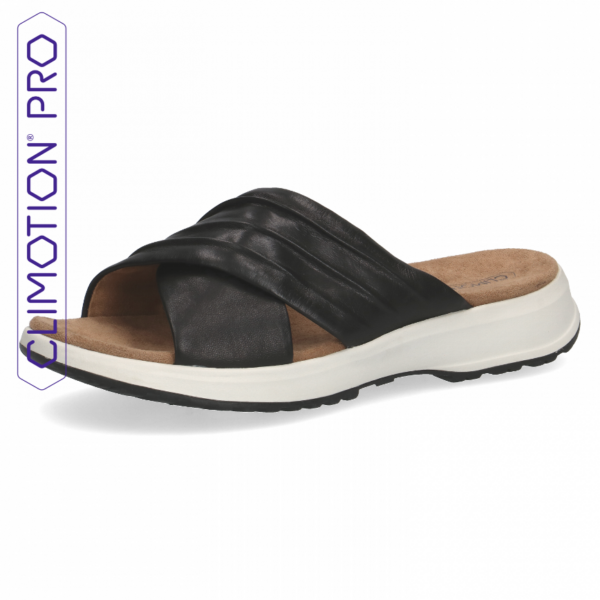 Caprice climotion voetbed kruisband slipper zwart leer art. 9-27206-28 040