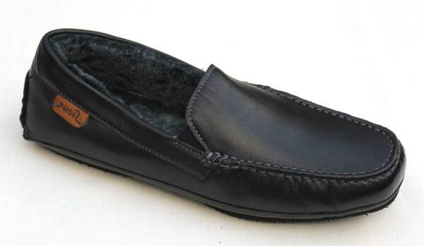 SH102 Sioux mocassin lamsvacht pantoffel zwart leer