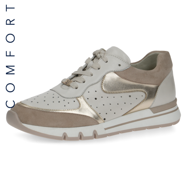 C004 Caprice sneaker offwhite met camel kleur suède