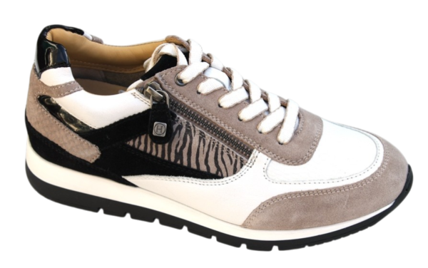 H012 Helioform sneaker met ritsje in wit met zwart en taupe combi