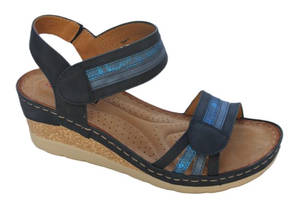 WS019 Westland Savoie 03 verstelbare klittenband sandaal op sleehak blauw combi