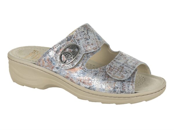 F138 Fidelio “Softline” verstelbare klittenband slipper lichtblauw metallic fantasieprint