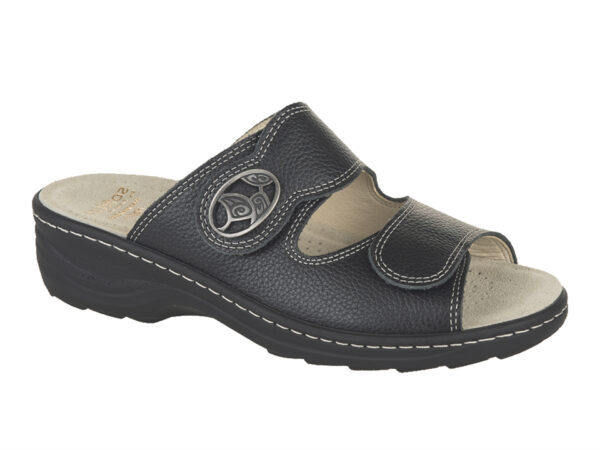 F144 Fidelio “Softline” verstelbare klittenband slipper zwart leer