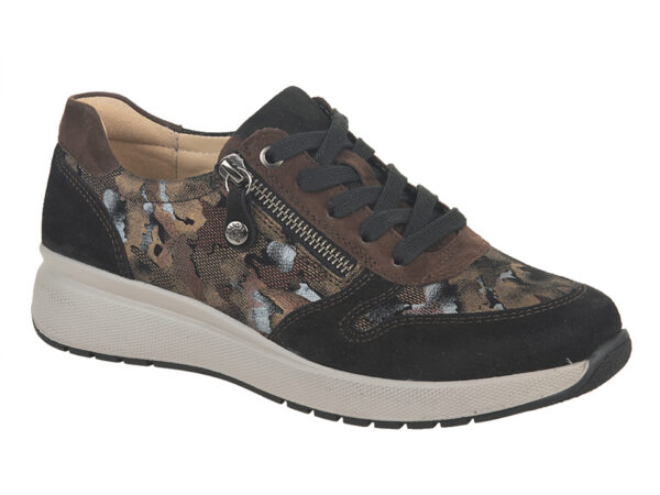 F003 Fidelio lage veterschoen met ritsje zwart met bruin en fantasieprint combi