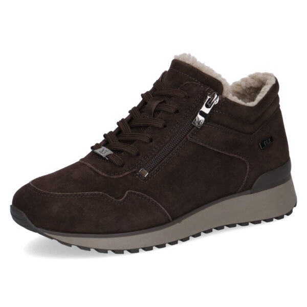 C006 Caprice half hoge gevoerde sneaker met “Tex” en ritsje donkerbruin suède
