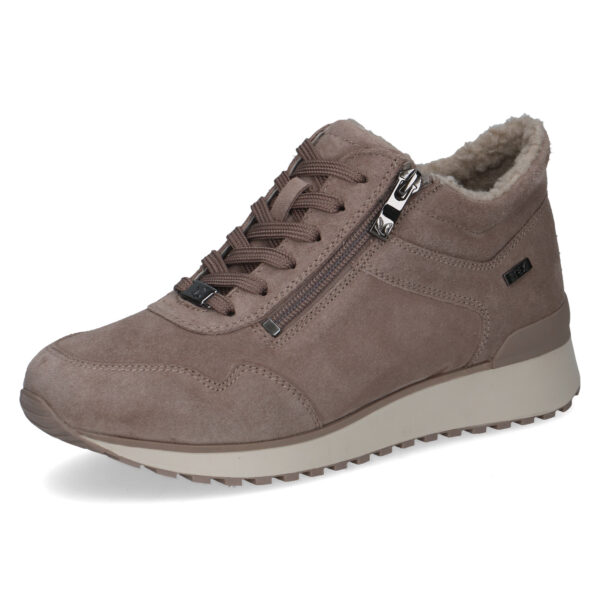 C005 Caprice half hoge gevoerde sneaker met “Tex” en ritsje taupe suède